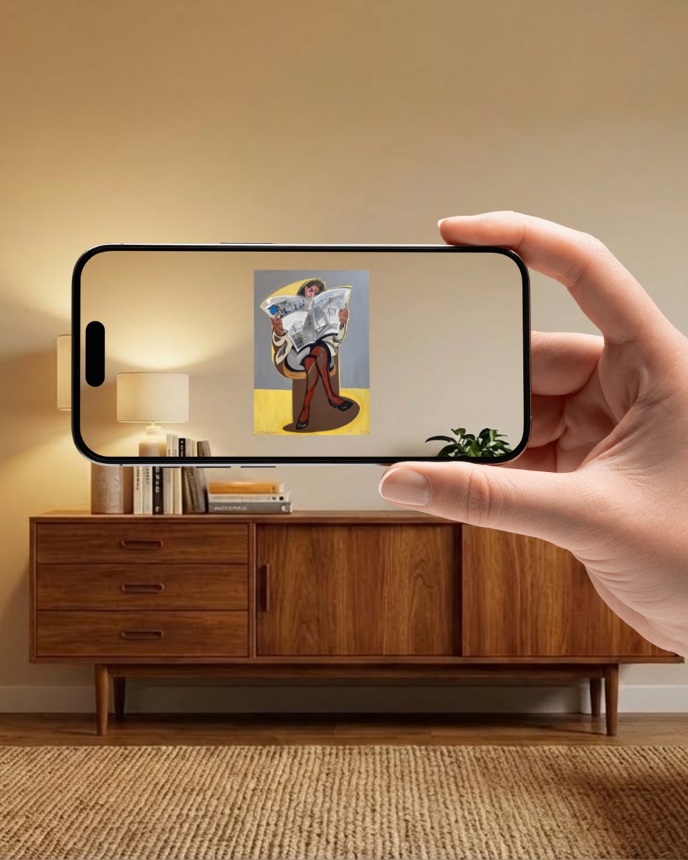 Artwork previewed in AR on a phone in a living room